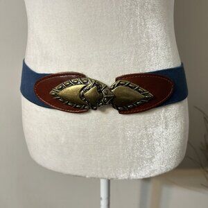 Vtg Day-Lor Blue Elastic Waist Cinch Belt Brass Arrowhead Buckle Sz S / M USA